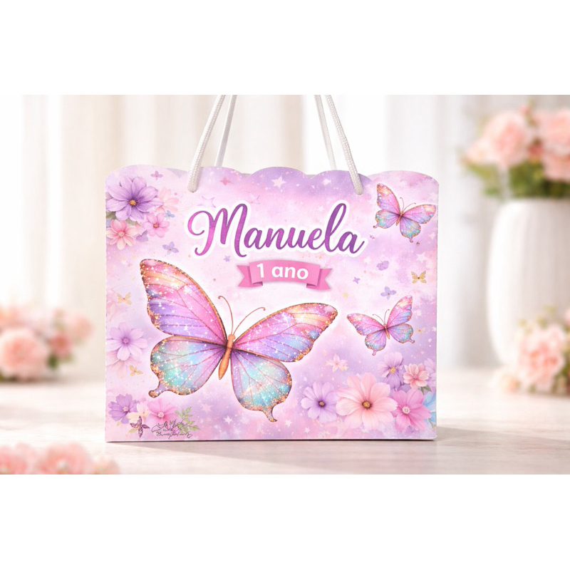 Sacola Personalizada Borboletas Nome e Idade 20x15 Papel offt set 180g Lembrancinha Festa Infantil Pegue e Monte
