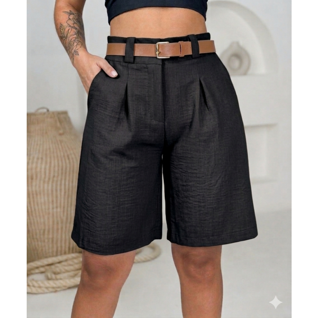 Bermuda Feminina Linho com Cinto – Modelo Alfaiataria com Bolsos Laterais e Cintura Alta Do M ao GG em Oferta na Shopee
