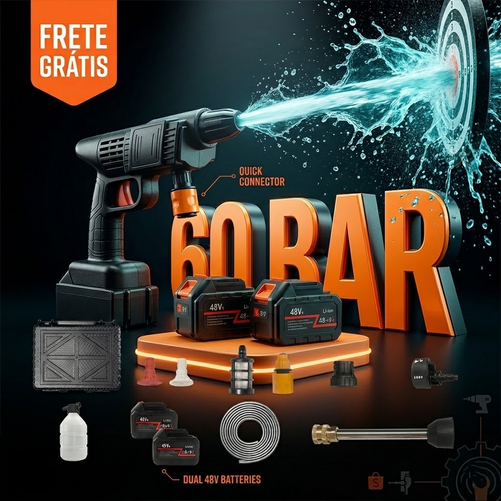 Lavadora de Alta Pressão Portátil 60 Bar Bivolt 2 Baterias 48V Sem Fio Lava Jato