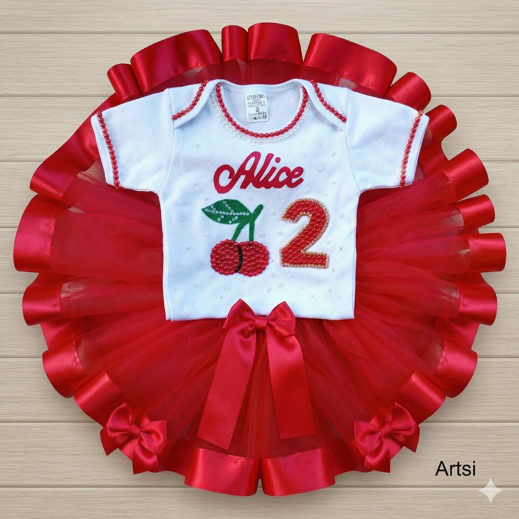 Conjunto Infantil Personalizado Cerejinha Alice – Body + Saia de Tule Vermelha