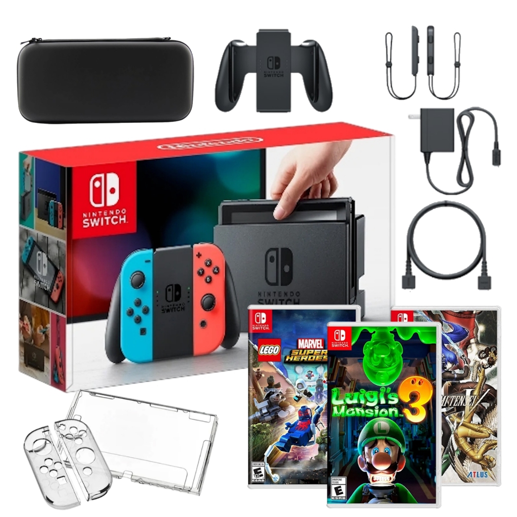 Nintendo Switch V2 + Acessórios + Jogos Luigis Mansion 3, Lego Marvel 2, Shin Megami Tensei V