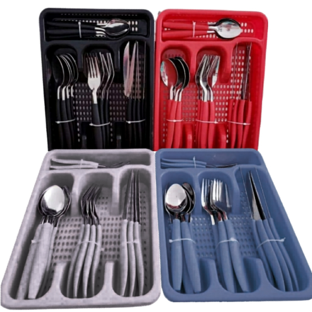 Kit Talheres Faqueiro com 25 Peças Aço Inox Preto Vermelho Cinza e Azul Jogo de Talher Gaveteiro