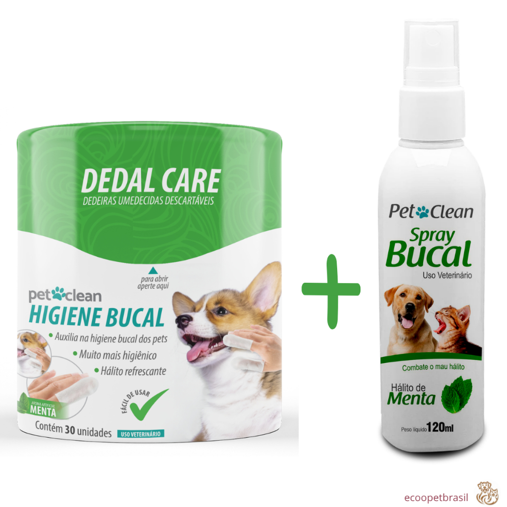 KIT Dedal Care Bucal Dedeiras Descartáveis + Spray Bucal Pet Clean - Higiene Bucal para Cães e Gatos