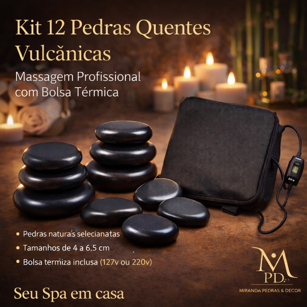 Kit 12 Pedras Quentes Vulcânicas Massagem + Bolsa Aquecedora Térmica 127v ou 220v