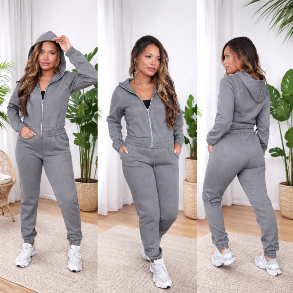 Conjunto Moletom Feminino Flanelado com Ziper e Capuz – Jaqueta + Calça em Oferta na Shopee