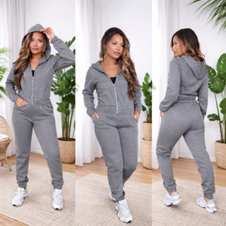 Conjunto Moletom Feminino Flanelado com Ziper e Capuz – Jaqueta + Calça em Oferta na Shopee