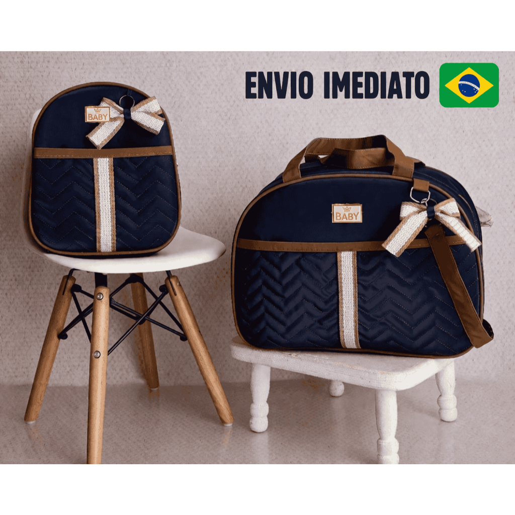 Kit Bolsa Maternidade Mala + Mochila Passeio Grande Impermeável + Pingente Laço