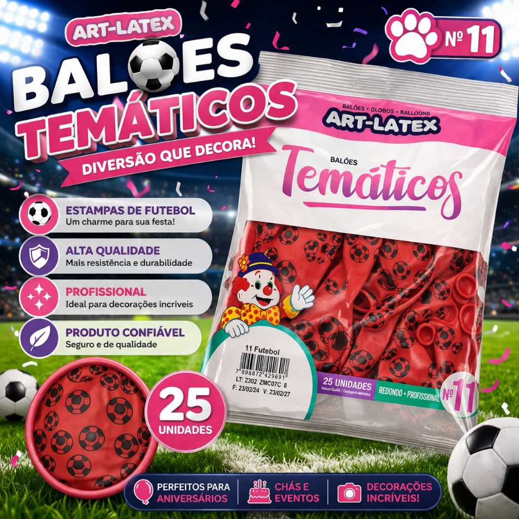 Balão art latex  Brasil / FUTEBOL VERMELHO/ PATINHAS /SAFARI / PASTEL ideal para festas /N11 COM 25 UNIDS BALÃO REDONDO