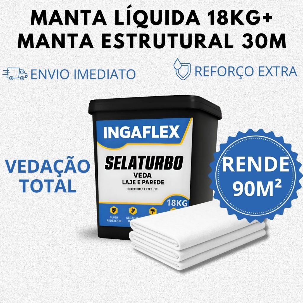 Manta Líquida Emborrachada 18kg + Manta VP50 30m Vedação de Laje e Telhado Contra Goteira e Trinca