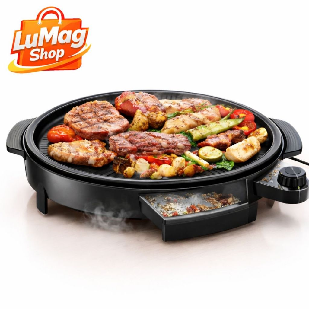 Grill Elétrico Redondo 40cm 1200W Antiaderente com Termostato Churrasqueira Elétrica 127V Preta