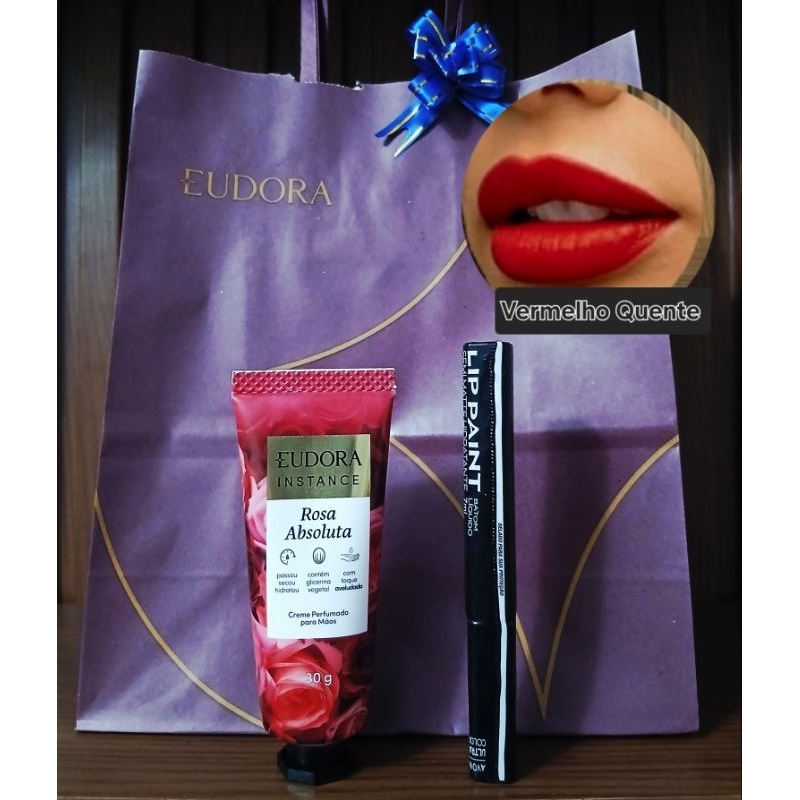 kit Combo 01 Batom Líquido Semi Matte Avon Cor Vermelho Quente 01 Creme Mãos Eudora Instance Rosa Absoluta 30g.