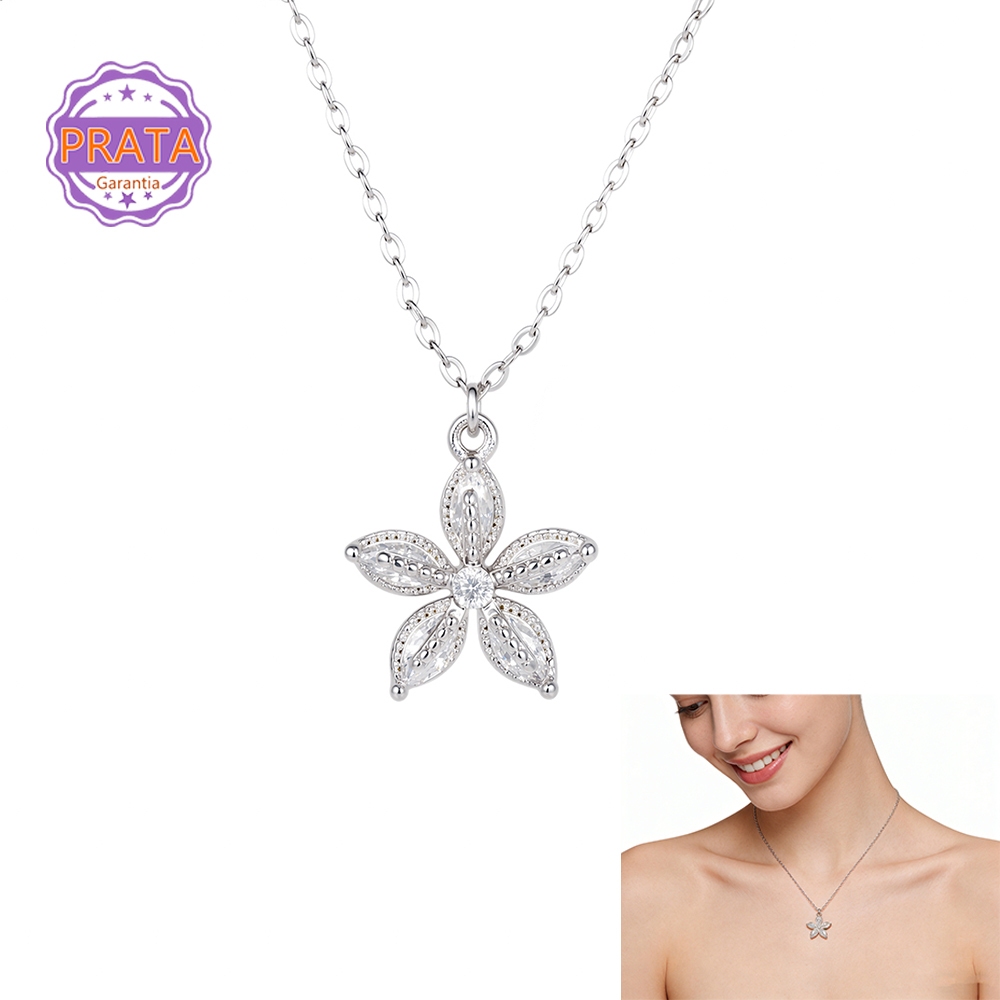 Colar Ponto de luz Estrela Flor prata 925 Feminino Pingente Cravejado Brilhante Delicado Elegante