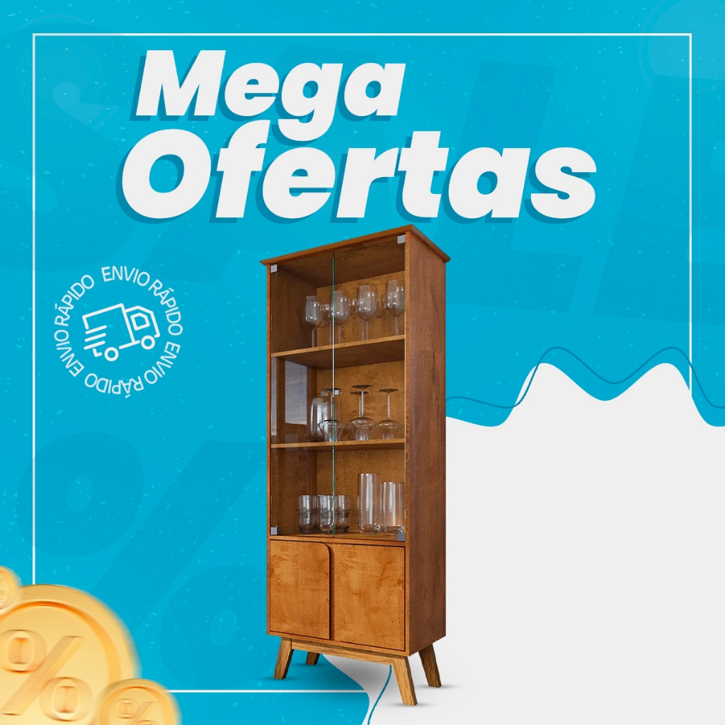 Cristaleira Porta de Vidro 70cm Pés Retrô Madri Naturalle   - Bechara em Oferta na Shopee