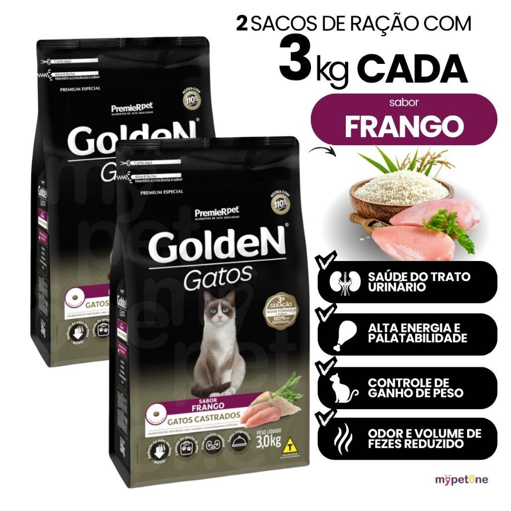 2 Ração Para Gatos Castrados Golden Frango 3kg Premier Pet
