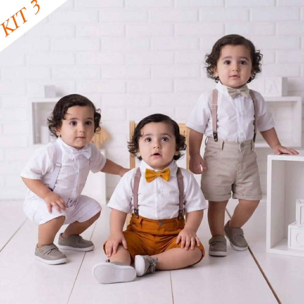 Kit 3 Conjunto Social Infantil Menino Batizado 3 Meses a 6 Anos Camisa Bermuda Suspensório Gravata