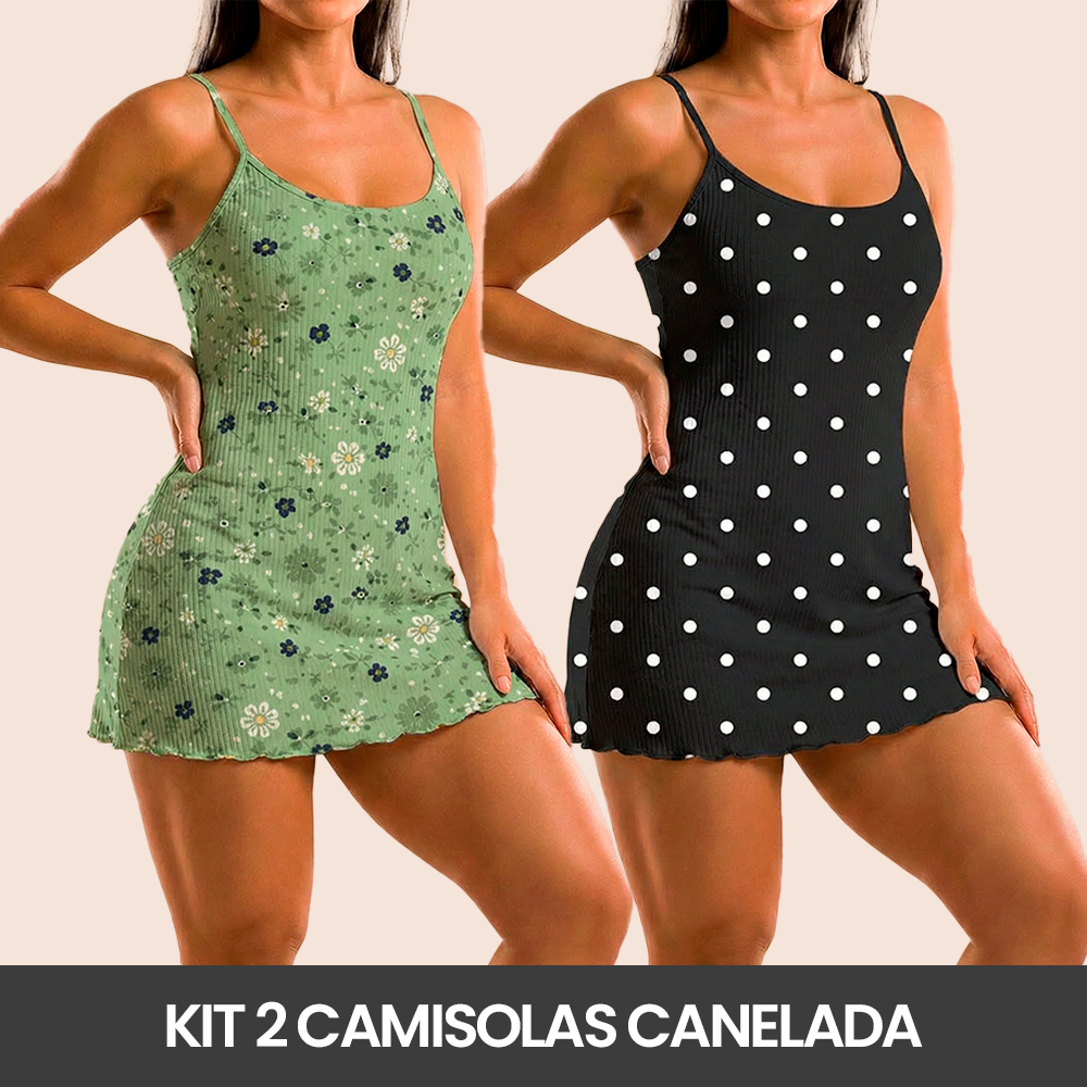 Kit 2 Camisolas Pijama Feminino Estampada Tecido em Suede Canelado - Tamanhos P, M, G, GG