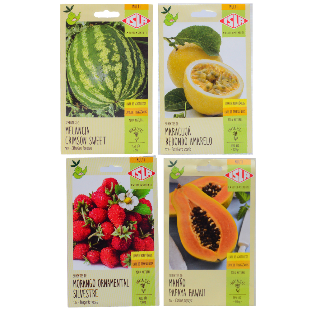 Kit Sementes de Frutas ISLA Melancia Maracuja Morango e Mamao Linha Multi Plantio