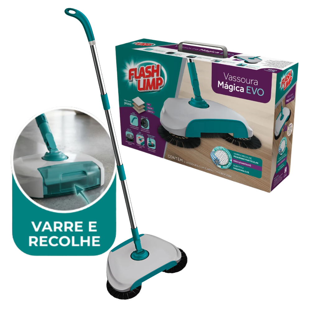 Vassoura Pá Mágica Evolution Varre Recolhe Flash Limp Cabo Limpeza Casa Piso Microfibra MOP0185