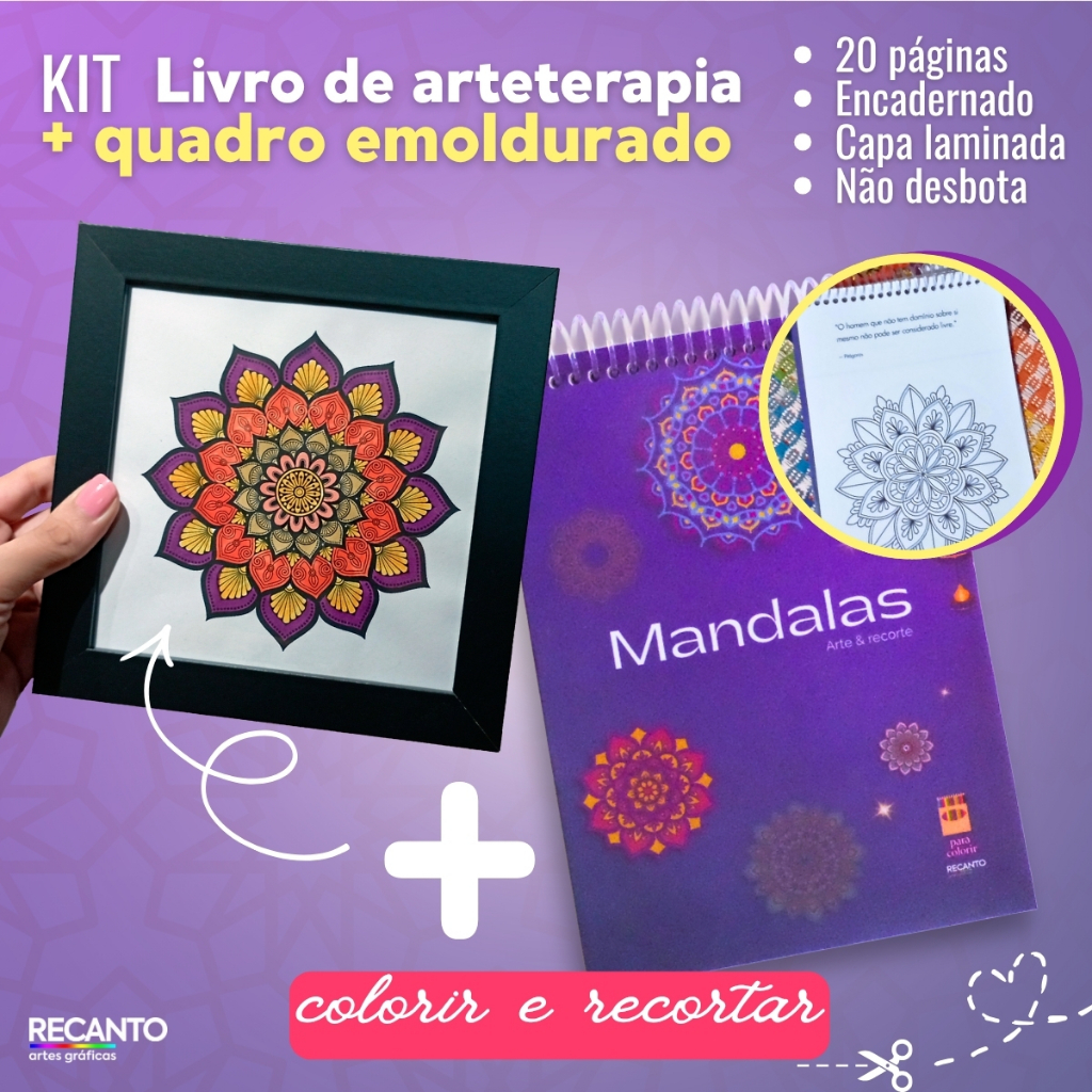 Kit Decoração Mandalas para Colorir e Emoldurar | Livro A5 com 20 Artes + Quadro 18x18 | Presente