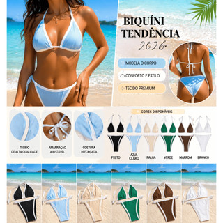 Biquíni de Cordinha com Viés Branco Feminino Moda Praia Verão 2026 Várias Cores