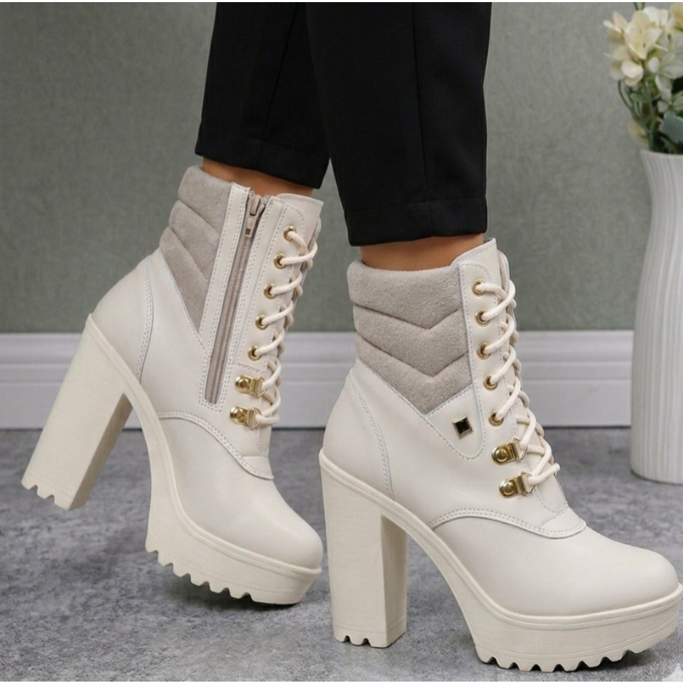 Bota Coturno Feminina Salto Alto Grosso Plataforma Tratorada Estilo Rock Gótico Zíper Lateral