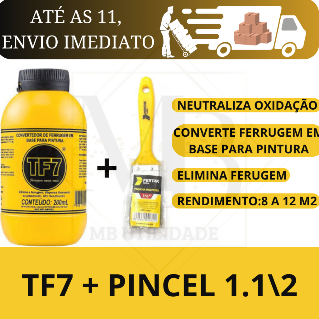 KIT Convertedor de Ferrugem TF7 200Ml + 1 pincel de 1. 1/2 FERRO\Portão\mesas\cadeiras\etc