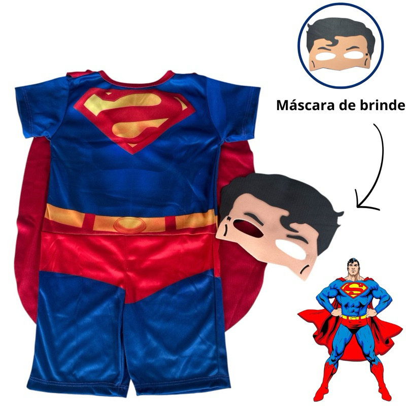 Fantasia Infantil Superman Super Man Super Homem Com Capa e Máscara Herói Criança Menino Cosplay Fantasia
