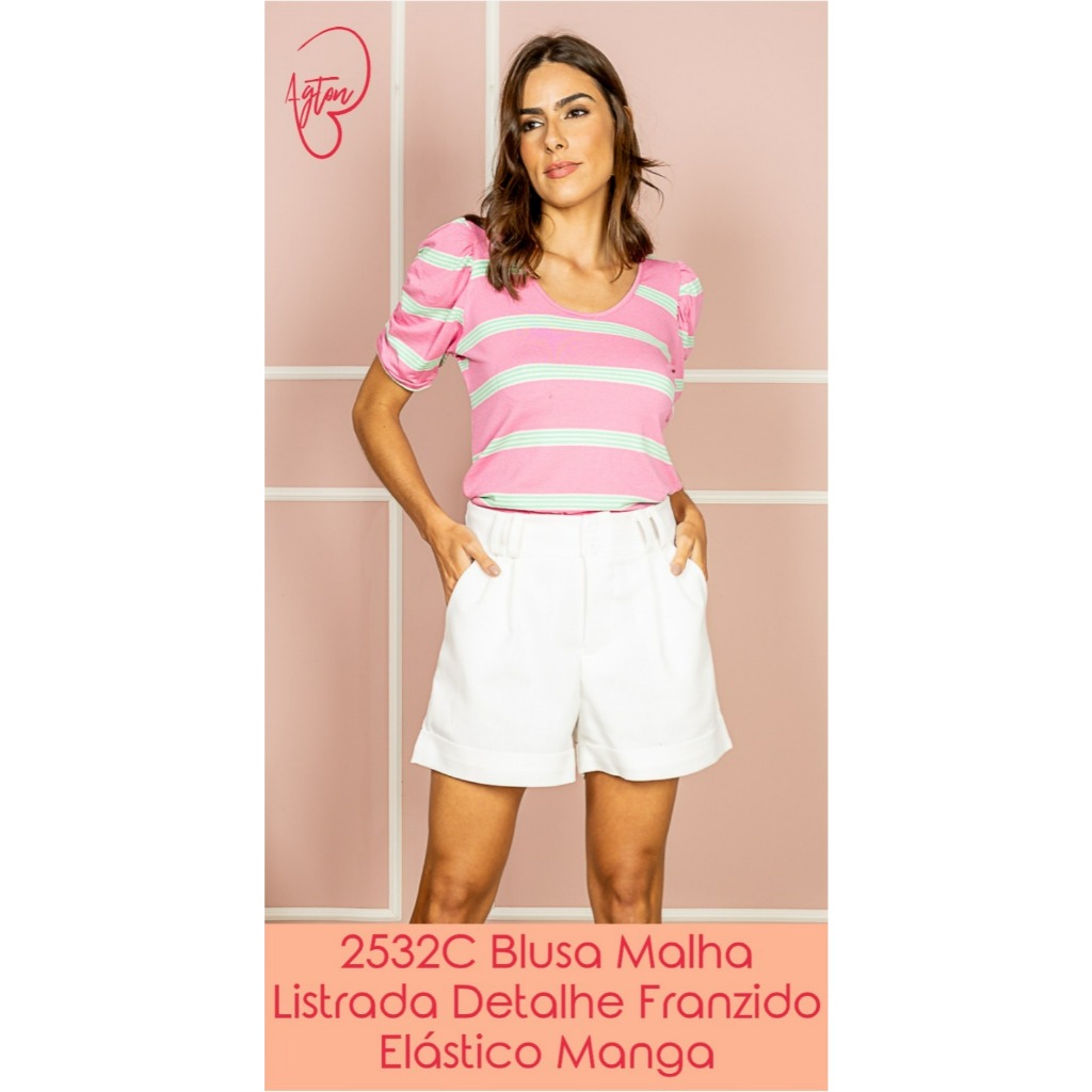 Blusa Malha Listrada Manga Bufante Franzida