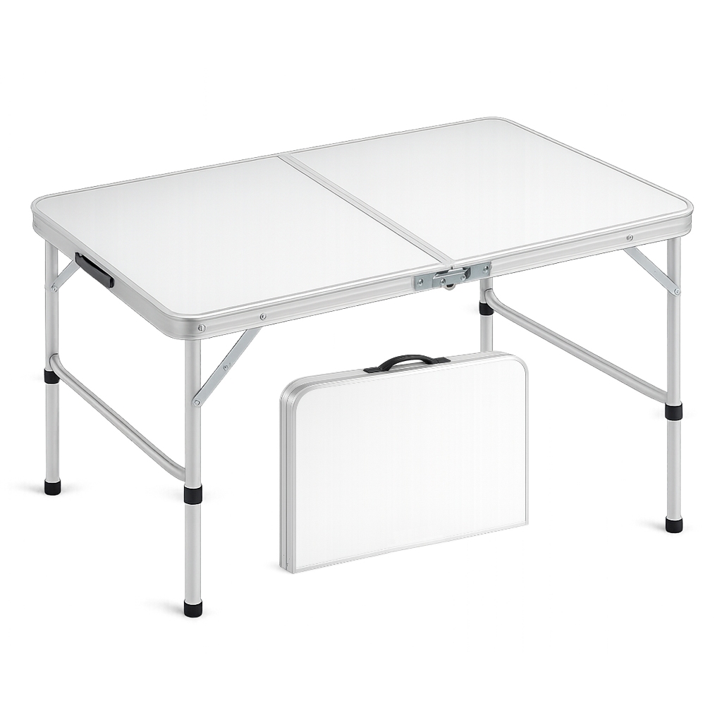 Mesa Dobrável Alumínio 90x60 cm Vira Maleta Cor Branco Pés Dobrável com Alça Camping Praia Viagem