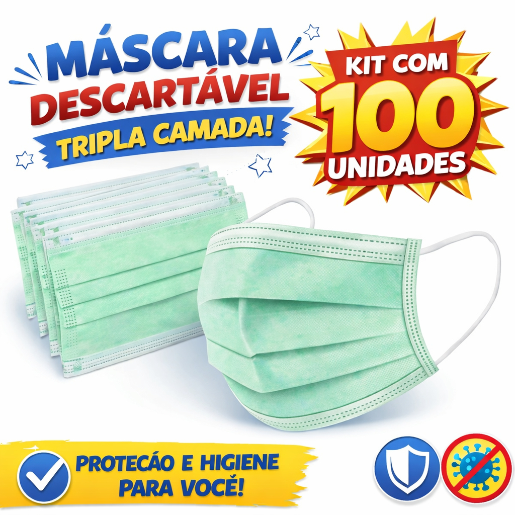 Kit 100 Máscaras Cirúrgica Verde Descartáveis Tripla Proteção com Elástico e Clip Nasal para Clinica