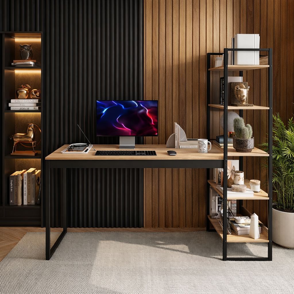 QUEIMA DE ESTOQUE - Mesa para Escritório com Estante Integrada 5 Prateleiras - Design Industrial — imagem 2 de 2