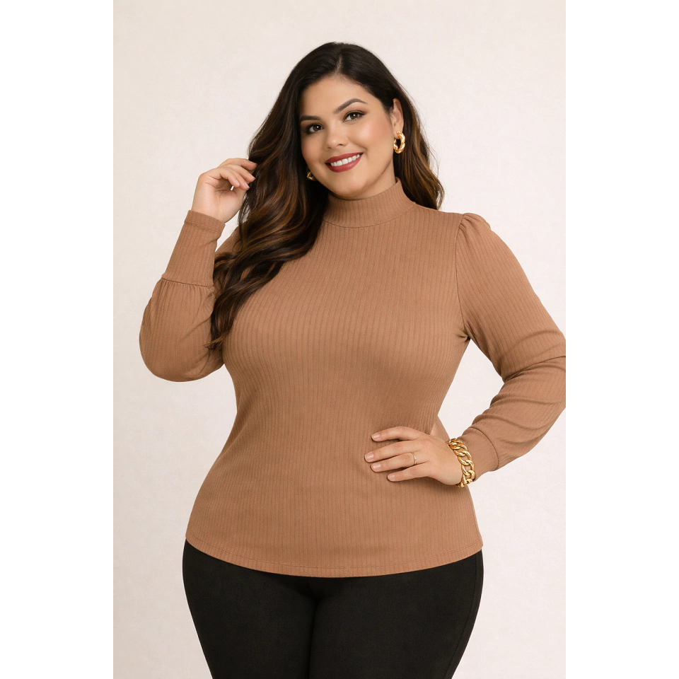 Blusinha Cacharrel Inverno Plus Size Blusa Gola Alta Feminina Manga Longa Canelada Moda