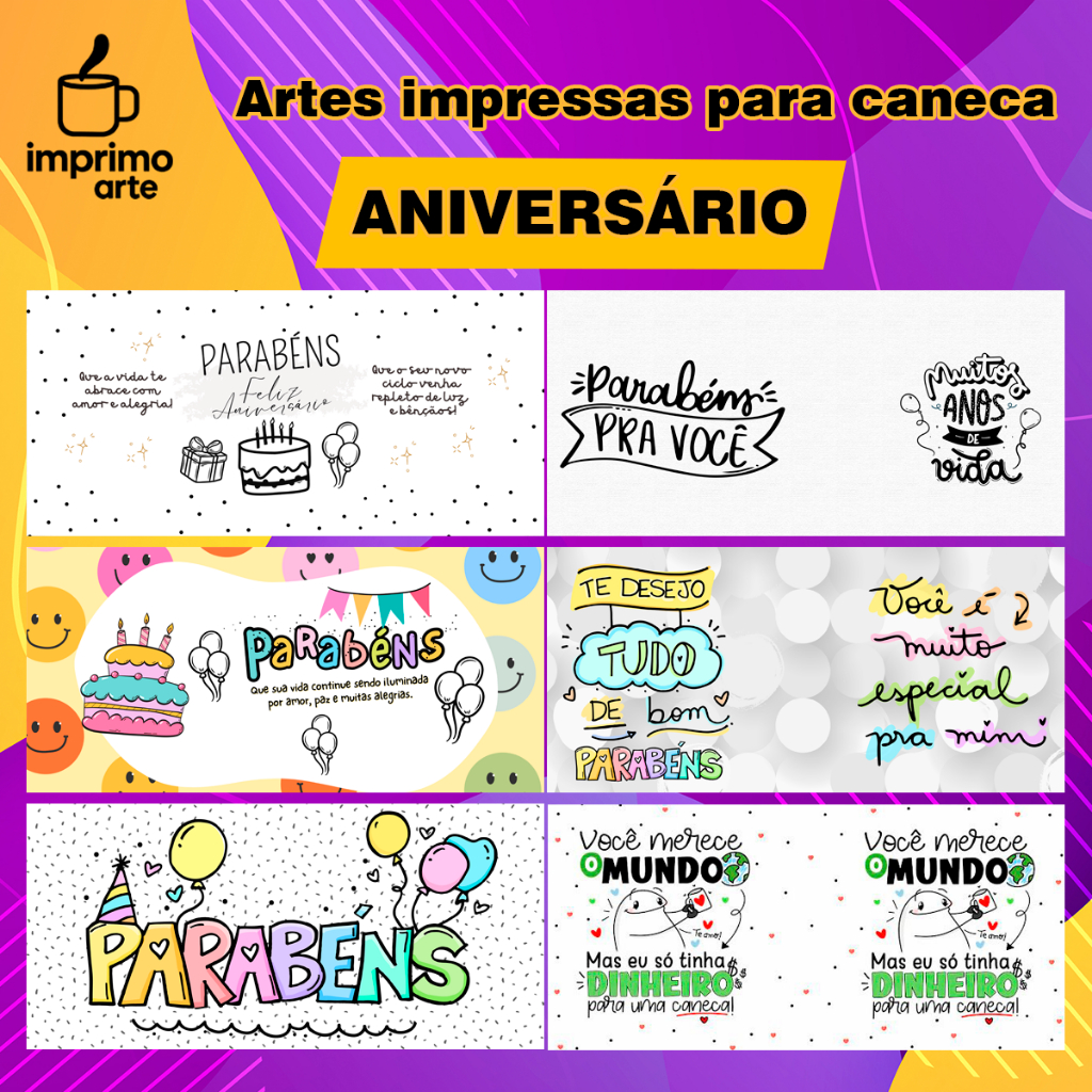 12 Artes Impressas para Canecas Aniversário Estampas Prontas para Sublimar Xícara Copo Personalizado Sublimação Trabalho