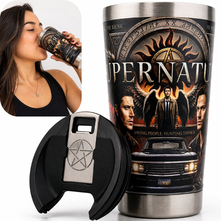 Copo Térmico Inox  500ml Supernatural Sobrenatural  Gravação UV 360 Inox Com Tampa e Abridor Premium