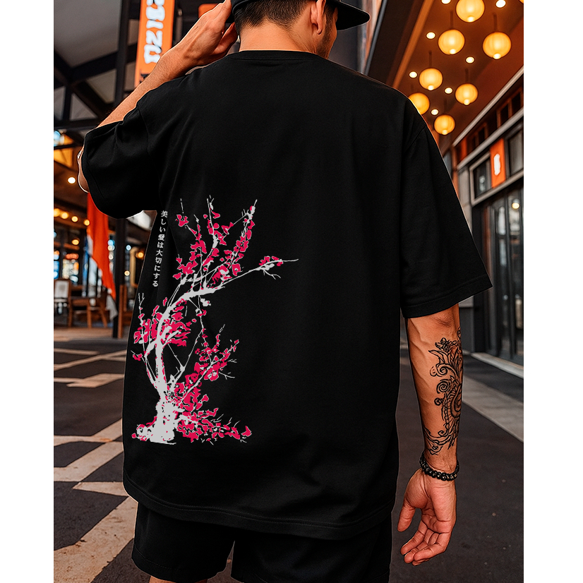 Camiseta Oversized Premium Estampado Arvore Japonesa Blusão Algodão 100% Algodão StreetWear Academia