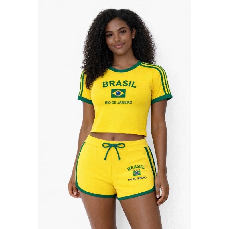 Conjunto Short + Blusa Cropped Brasil em ribana com elastano para torcer na copa