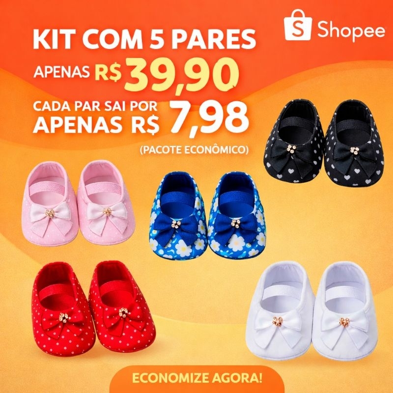 Kit 3 e 5  Sapatinhos de Pano para Recém-Nascido Feminino 0 a 6 Meses