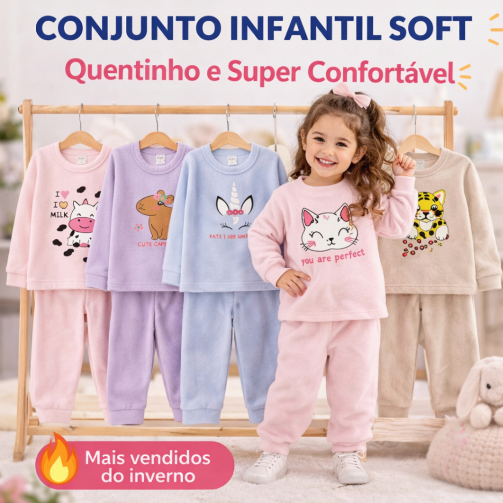 Kit 4 Peças Conjunto Infantil Soft Menina Inverno | Roupa Quentinha e Macia | P ao G (1 a 3 Anos) | Pijama Bebê Confortá