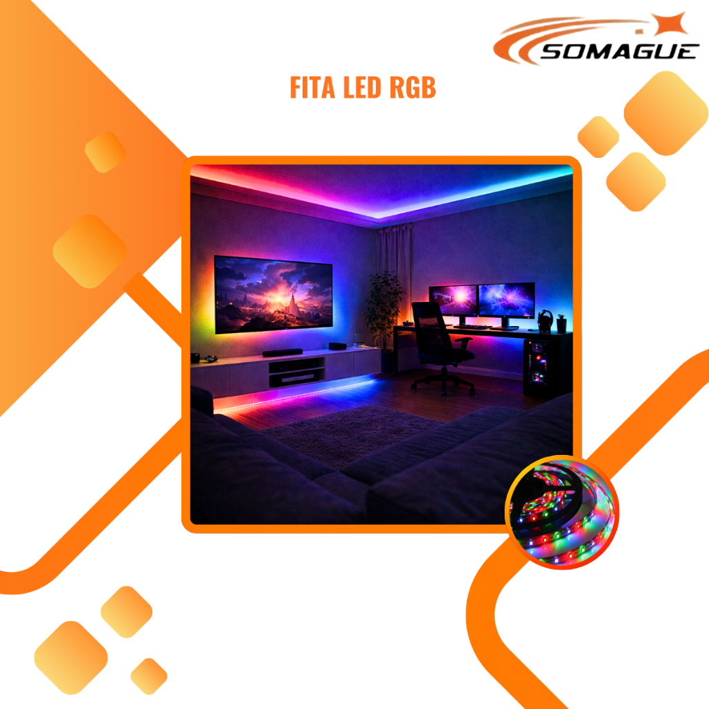 Fita Led Rgb 3528 Colorida 5m + Controle Com Ou Sem Fonte  300 Led Decoração Casa Loja Gesso Teto Sanca Vitrine