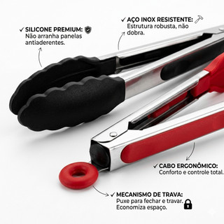 Pegador Resistente ao Calor até 230°C - Pegador Vermelho e Preto e Inox Para Carne Churrasco Salada Cozinha Pinça