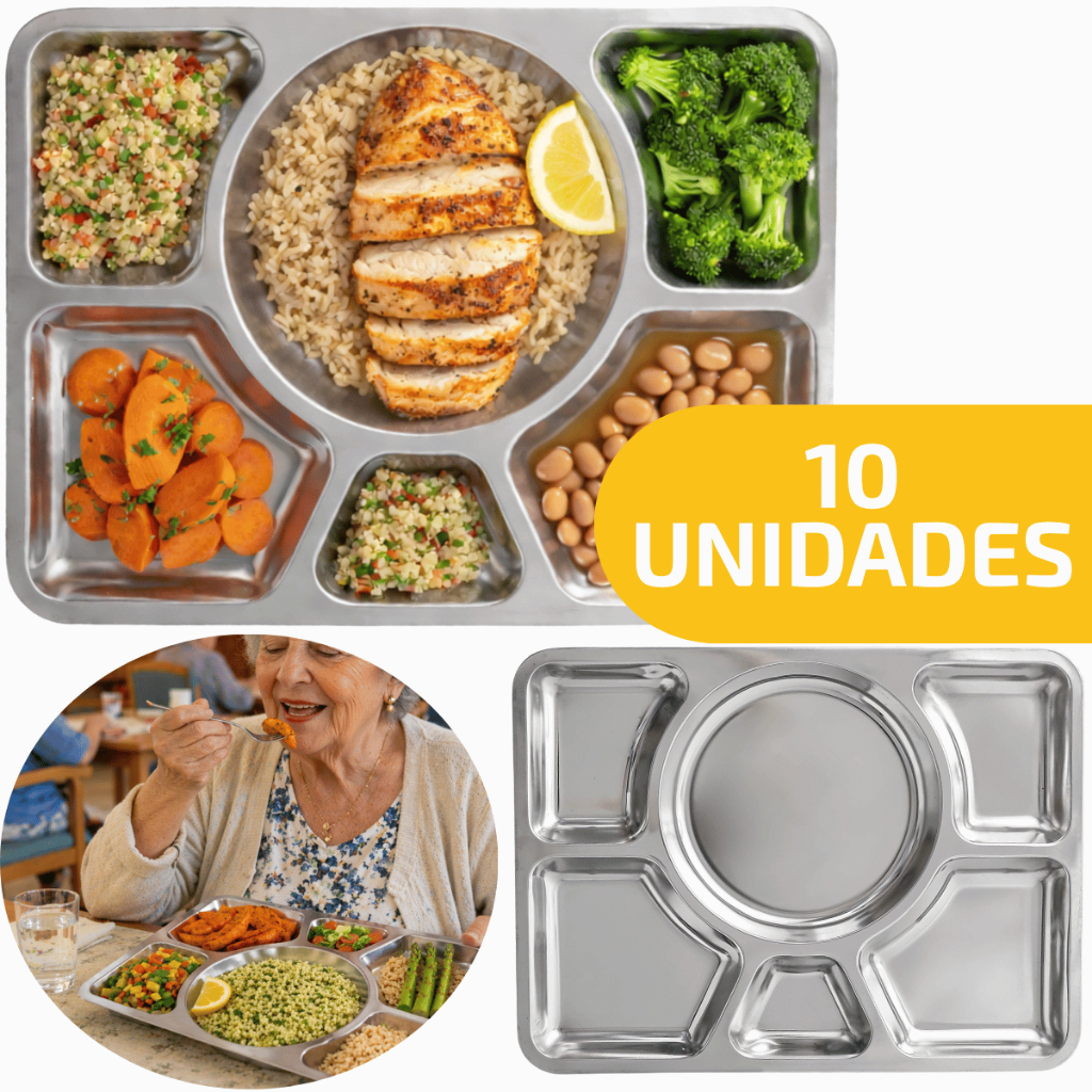 10 Bandeja Refeição Retangular Refeitório 6 Divisões 40cm x 30 cm Aço Inox Servir Divisórias Escola
