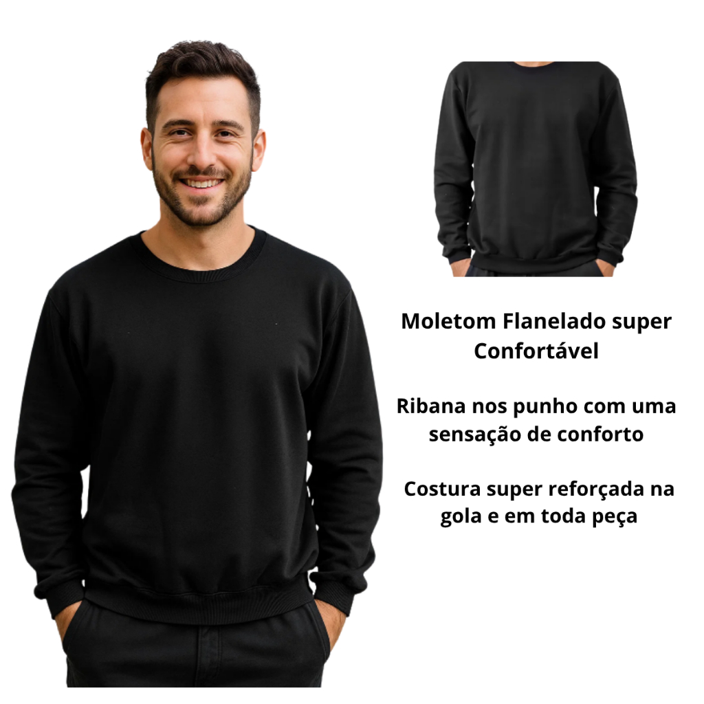 Moletom Preto Flanelado Adulto Unissex Casual Quentinho 100% Algodão
