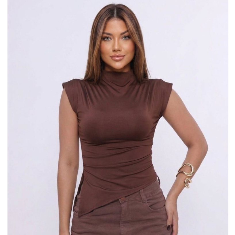 Blusa Básica Elegante Formal Assimétrica Com Gola Alta Dia a Dia Festas Confortável em Oferta na Shopee