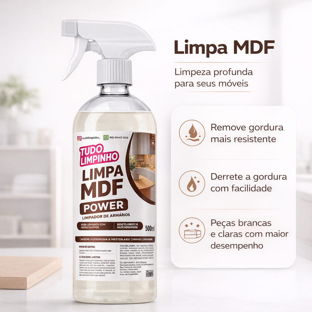 MDF Power Tudo Limpinho 500ml Com Spray Limpeza de Móveis Remove Sujeira Gordura Não Danifica