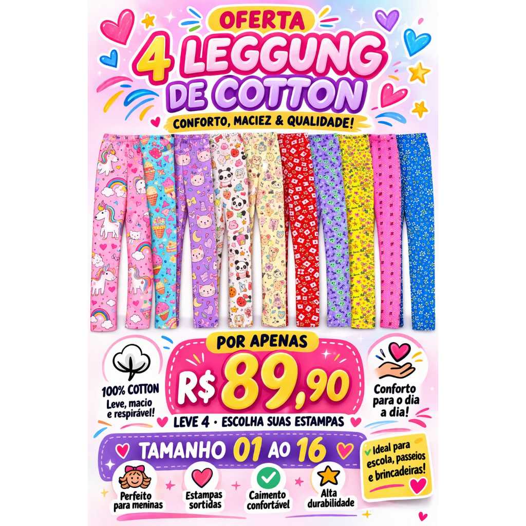 Kit Sortido de 4 Calças Leggings de Cotton para Meninas tamanho 01 ao 16