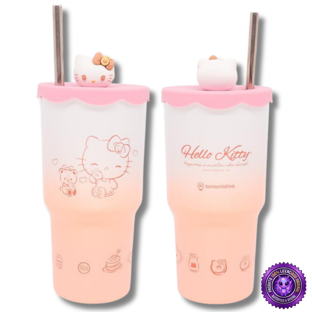 Copo Térmico Hello Kitty Topper 600ml Com Canudo Inox Cabeça da Hello Kitty Sanrio Oficial
