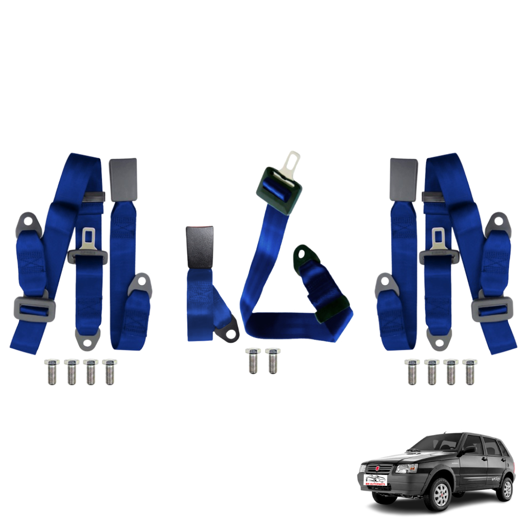 Jogo 3 Cinto De Segurança Traseiro Uno Fiat 2 Estático 3 Pontos + 1 Abdominal + Kit Fixação