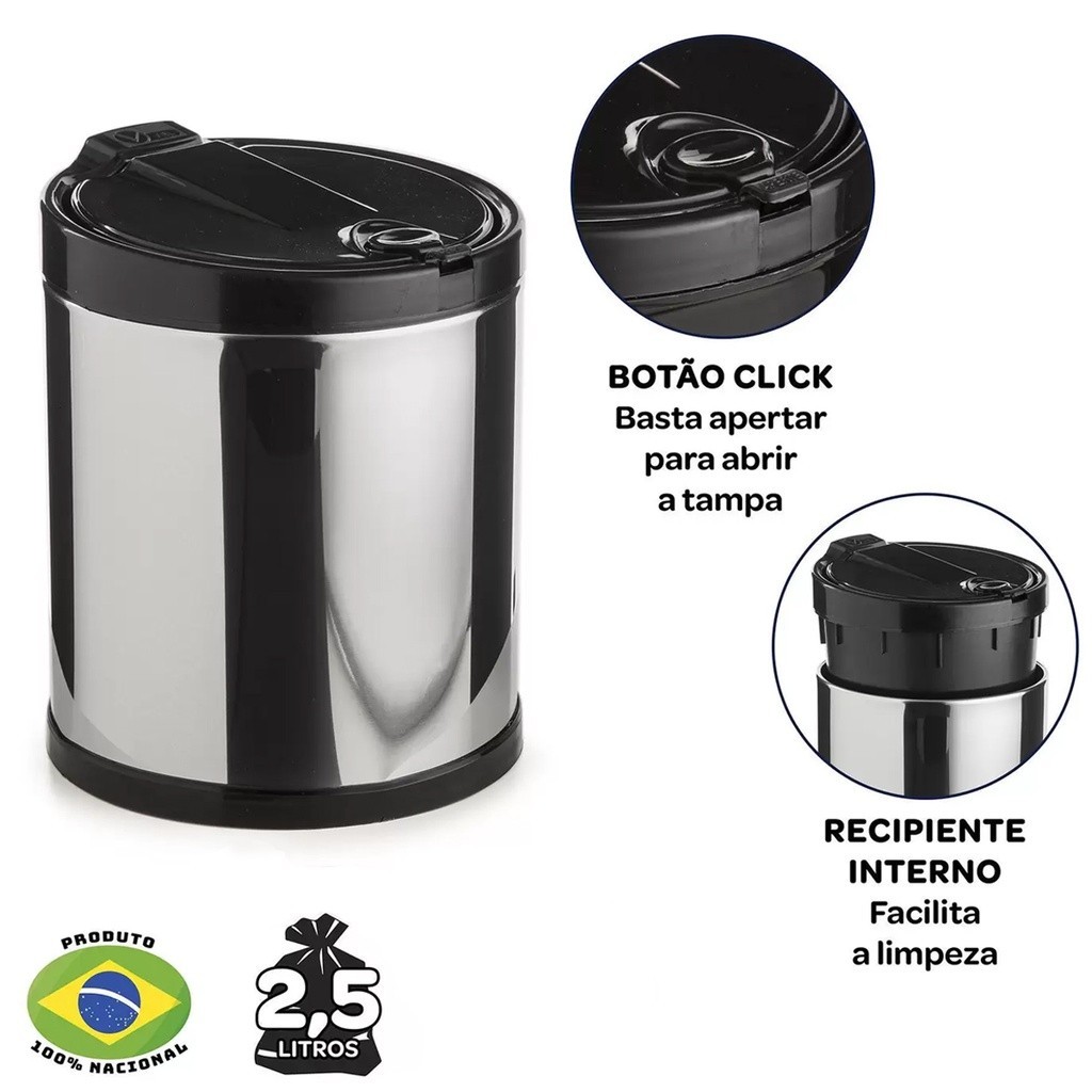 Lixeira de Pia Cesto de Lixo 2,5 litros Inox Click Cozinha Preta com Tampa Viel