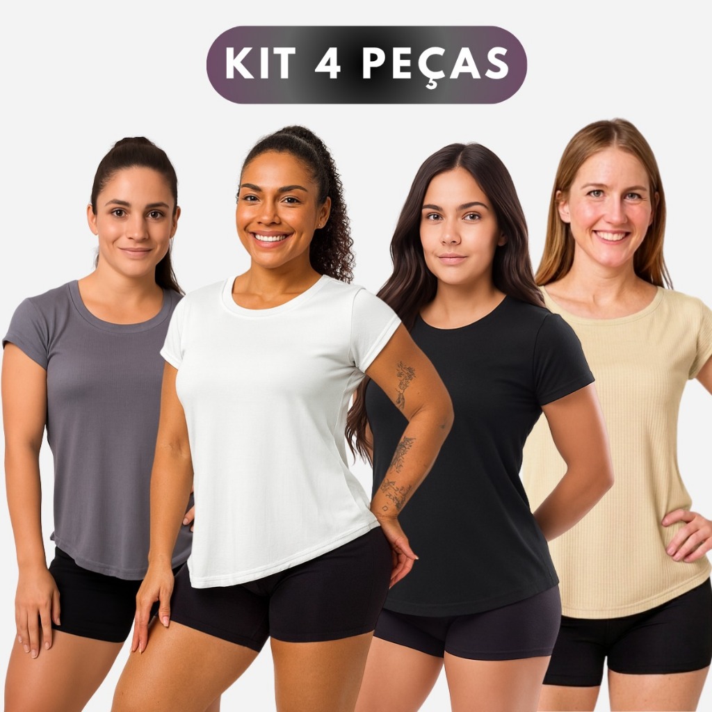 Kit 4 Camisetas Femininas Dry Fit Poliéster Tapa Bumbum Treino Musculação
