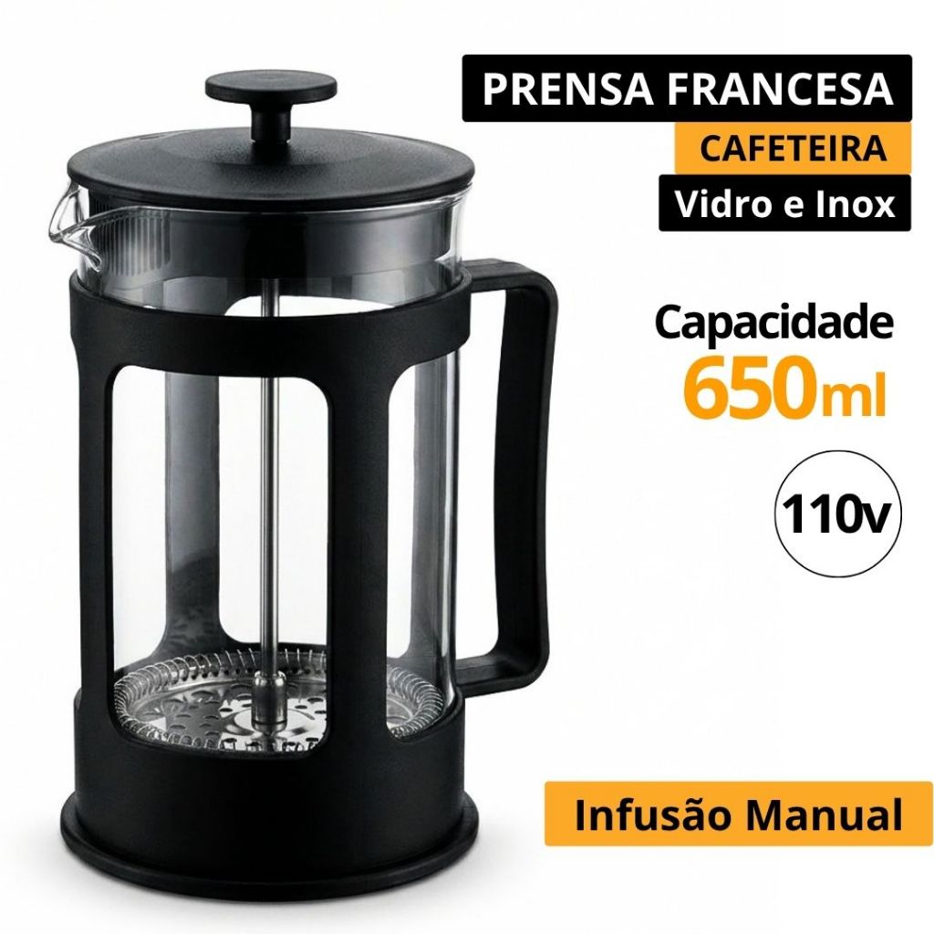Cafeteira Prensa Francesa 650ml Vidro Inox Café Forte Sem Filtro Infusão Manual